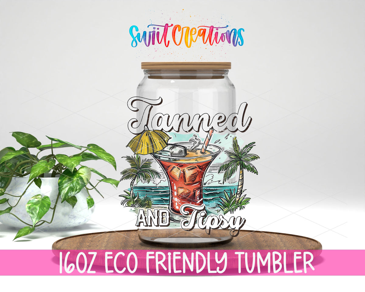 Tanned and Tipsy Cocktail design on a 16 oz clear glass tumbler with bamboo lid