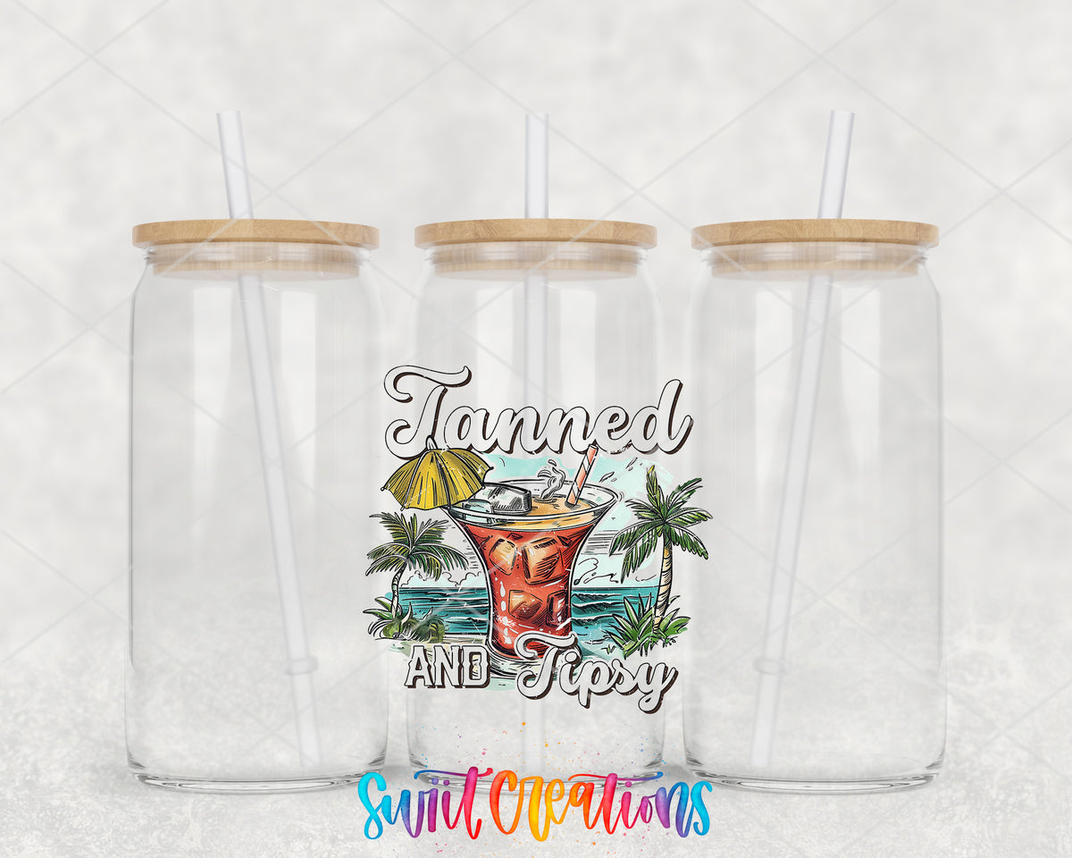 Tanned and Tipsy Cocktail clear glass tumbler group mockup with bamboo lids and straws