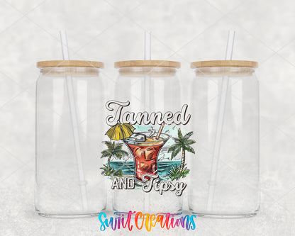 Tanned and Tipsy Cocktail clear glass tumbler group mockup with bamboo lids and straws