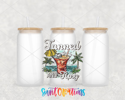Tanned and Tipsy Cocktail frosted glass tumbler group view with lids and straws
