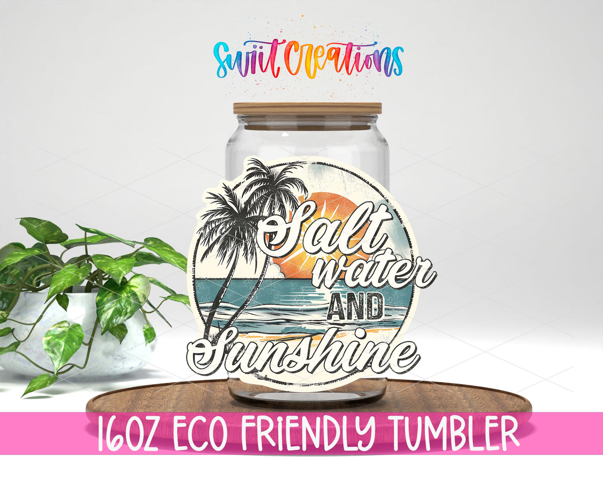 Salt Water and Sunshine Sunset design on a 16 oz clear glass tumbler with bamboo lid