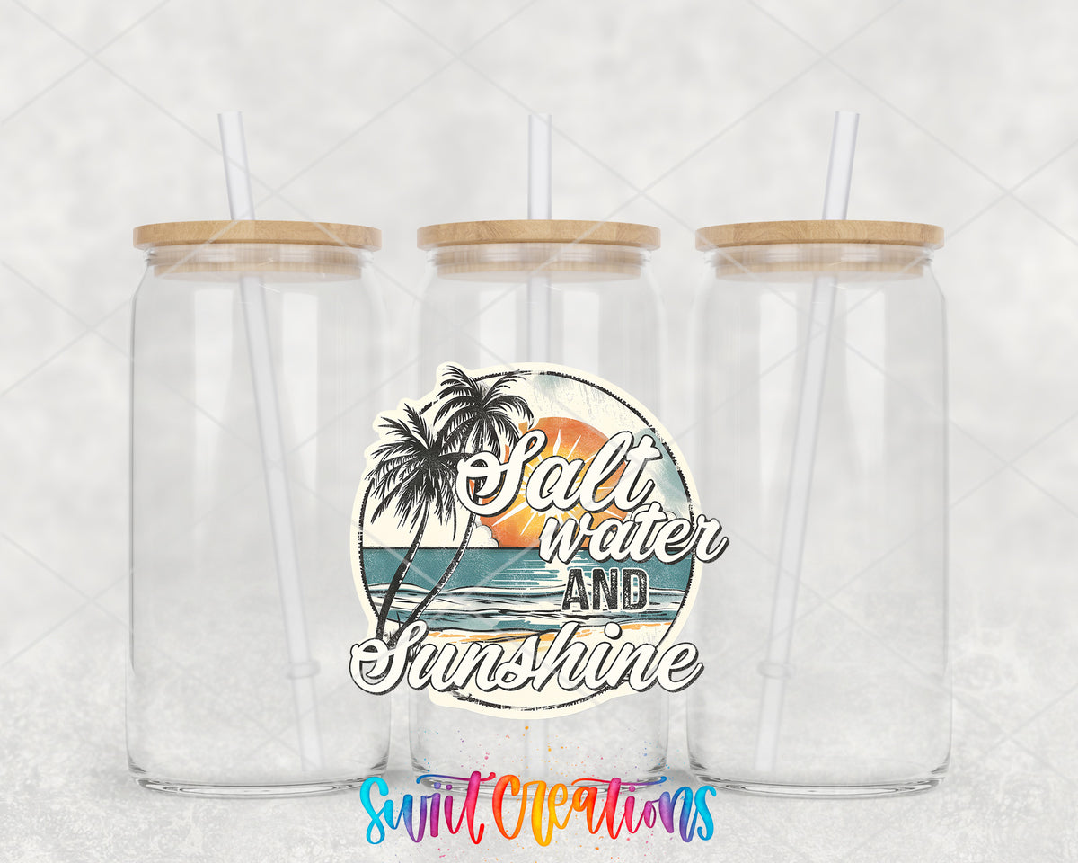 Salt Water and Sunshine Sunset clear glass tumbler group mockup with bamboo lids and straws