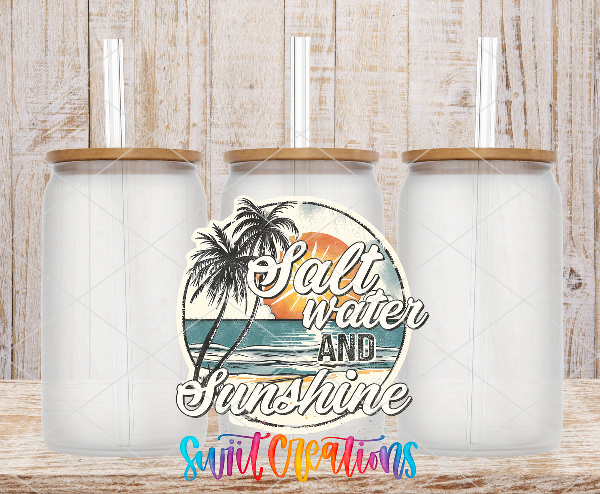 Salt Water and Sunshine Sunset frosted glass tumbler mockup with bamboo lids and straws