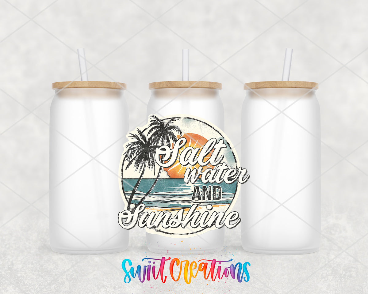 Salt Water and Sunshine Sunset frosted glass tumbler group view with lids and straws