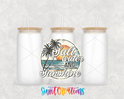 Salt Water and Sunshine Sunset frosted glass tumbler group view with lids and straws