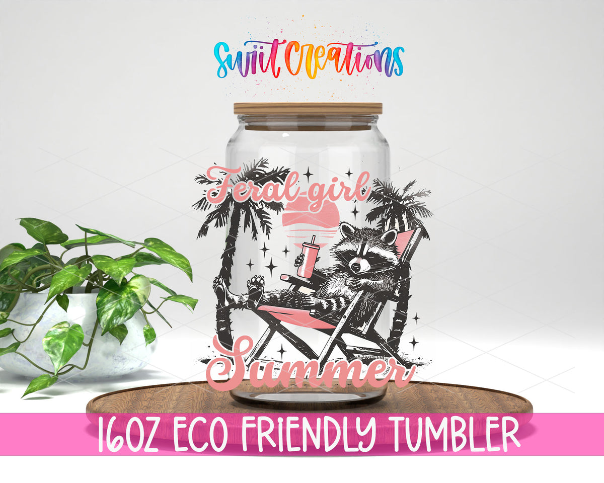 Feral Girl Summer Beach Chair design on a 16 oz clear glass tumbler with bamboo lid