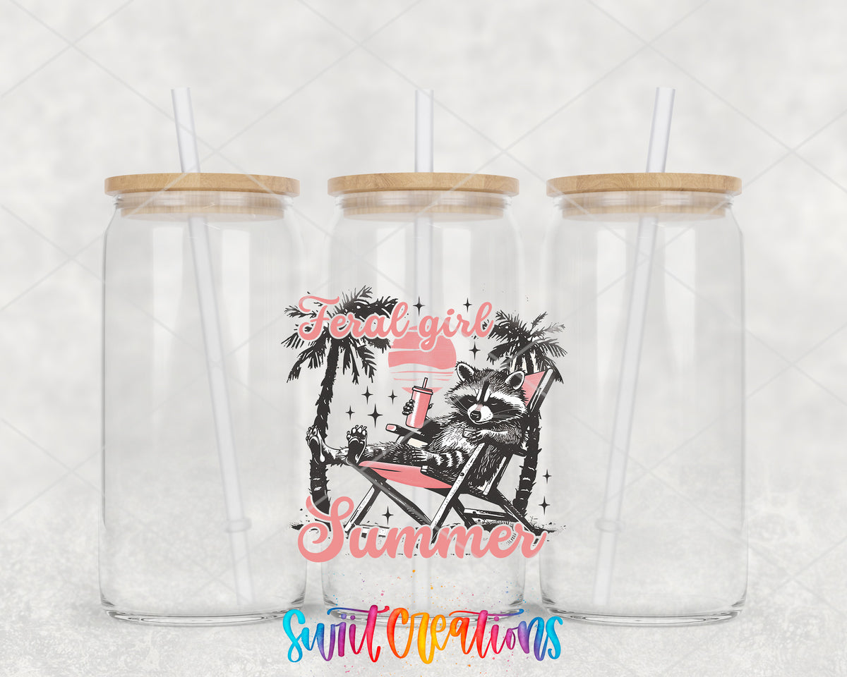 Feral Girl Summer Beach Chair clear glass tumbler group mockup with bamboo lids and straws