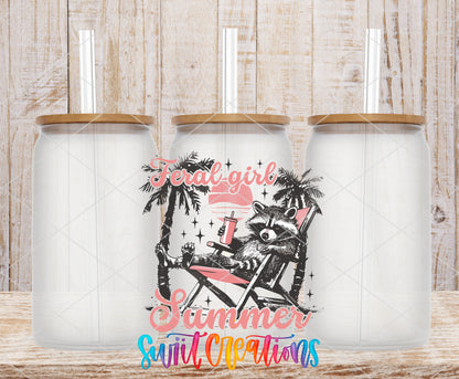 Feral Girl Summer Beach Chair frosted glass tumbler mockup with bamboo lids and straws
