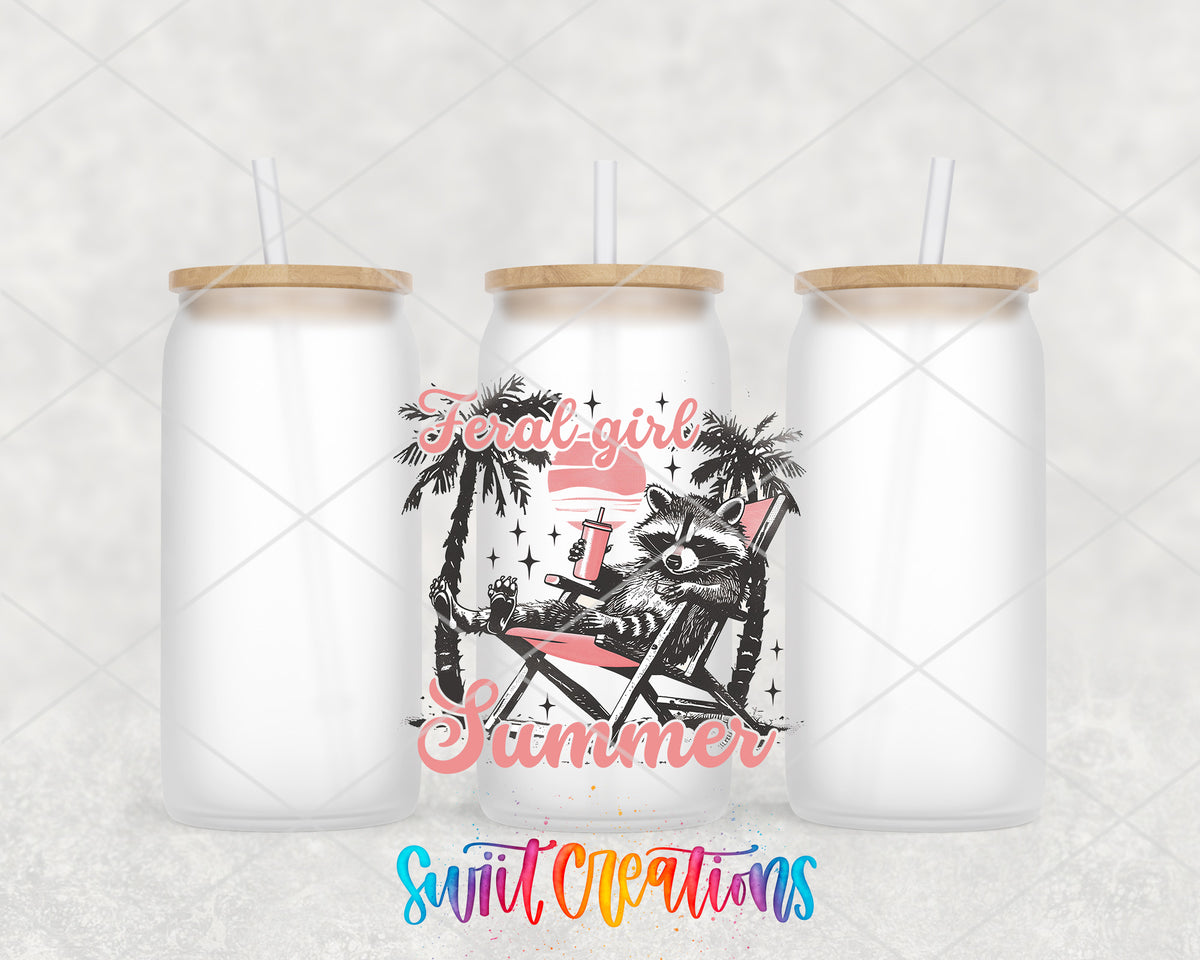 Feral Girl Summer Beach Chair frosted glass tumbler group view with lids and straws
