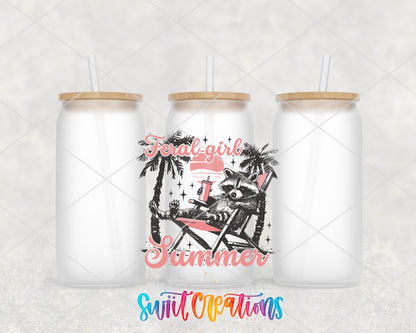Feral Girl Summer Beach Chair frosted glass tumbler group view with lids and straws