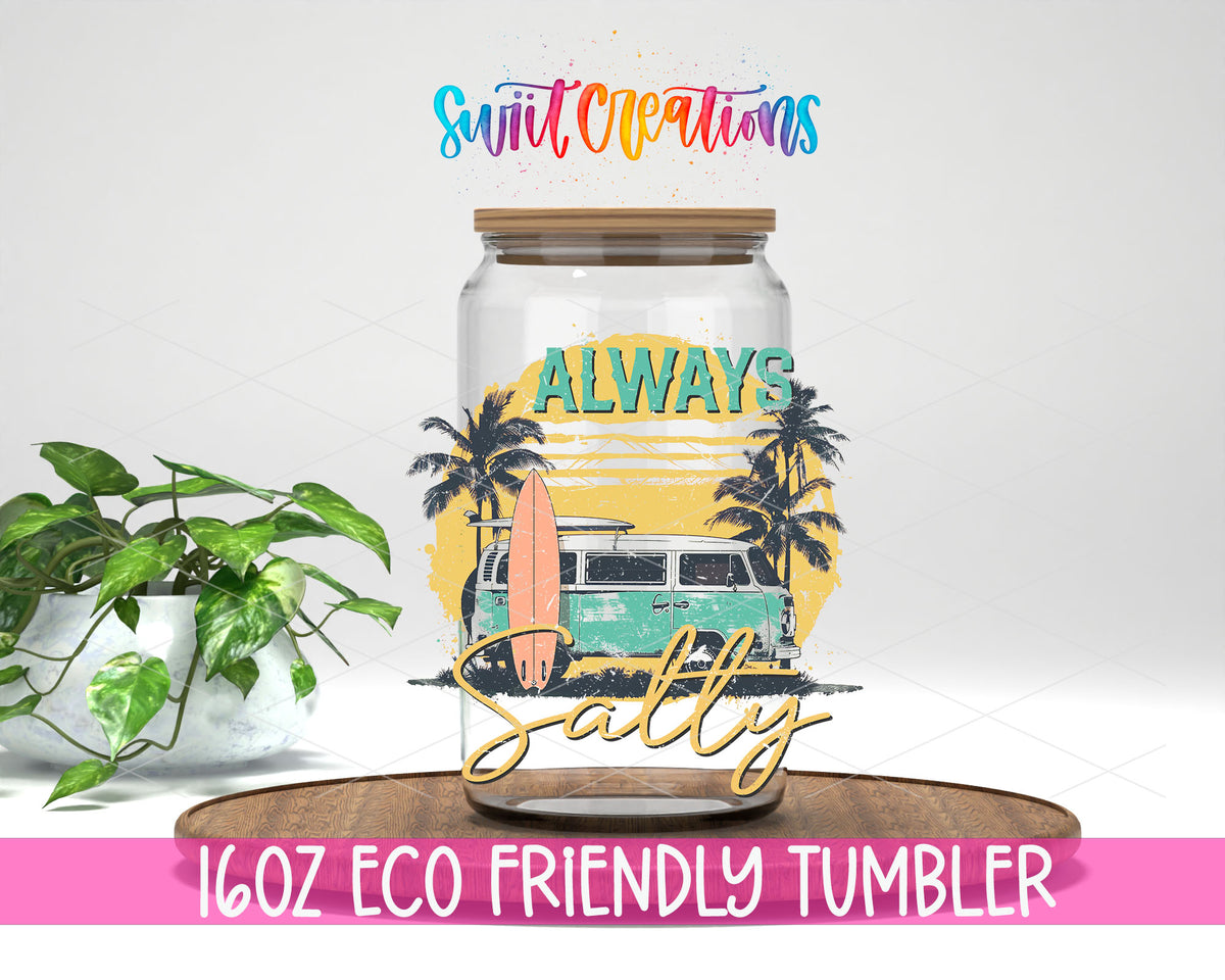 Always Salty Surf Van design on a 16 oz clear glass tumbler with bamboo lid