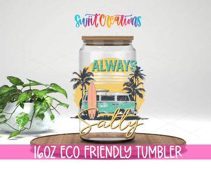 Always Salty Surf Van design on a 16 oz clear glass tumbler with bamboo lid