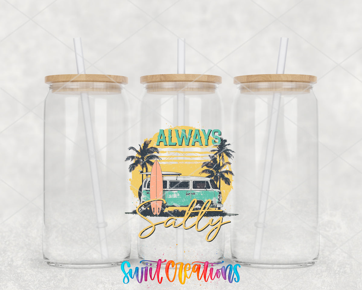 Always Salty Surf Van clear glass tumbler group mockup with bamboo lids and straws