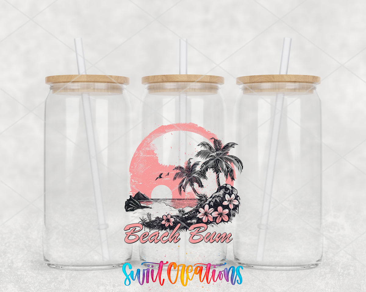 Beach Bum clear glass tumbler group mockup with bamboo lids and straws