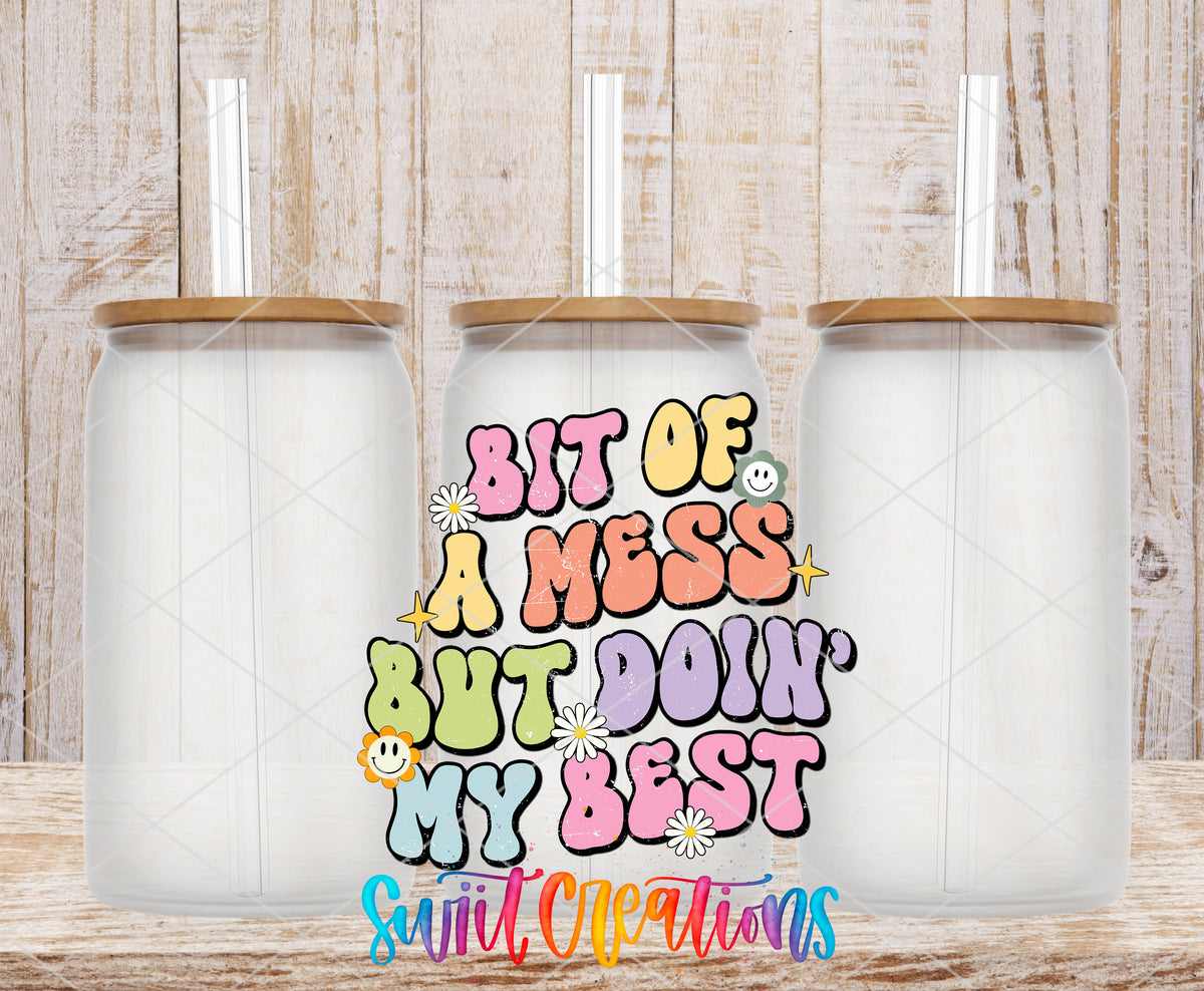 Bit of a Mess Doing My Best frosted glass tumbler mockup with bamboo lids and straws