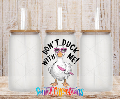 Do Not Duck With Me frosted glass tumbler mockup with bamboo lids and straws