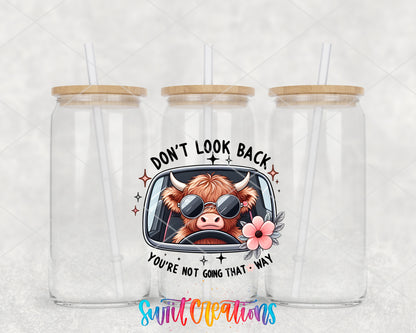 Do Not Look Back Cow clear glass tumbler group mockup with bamboo lids and straws