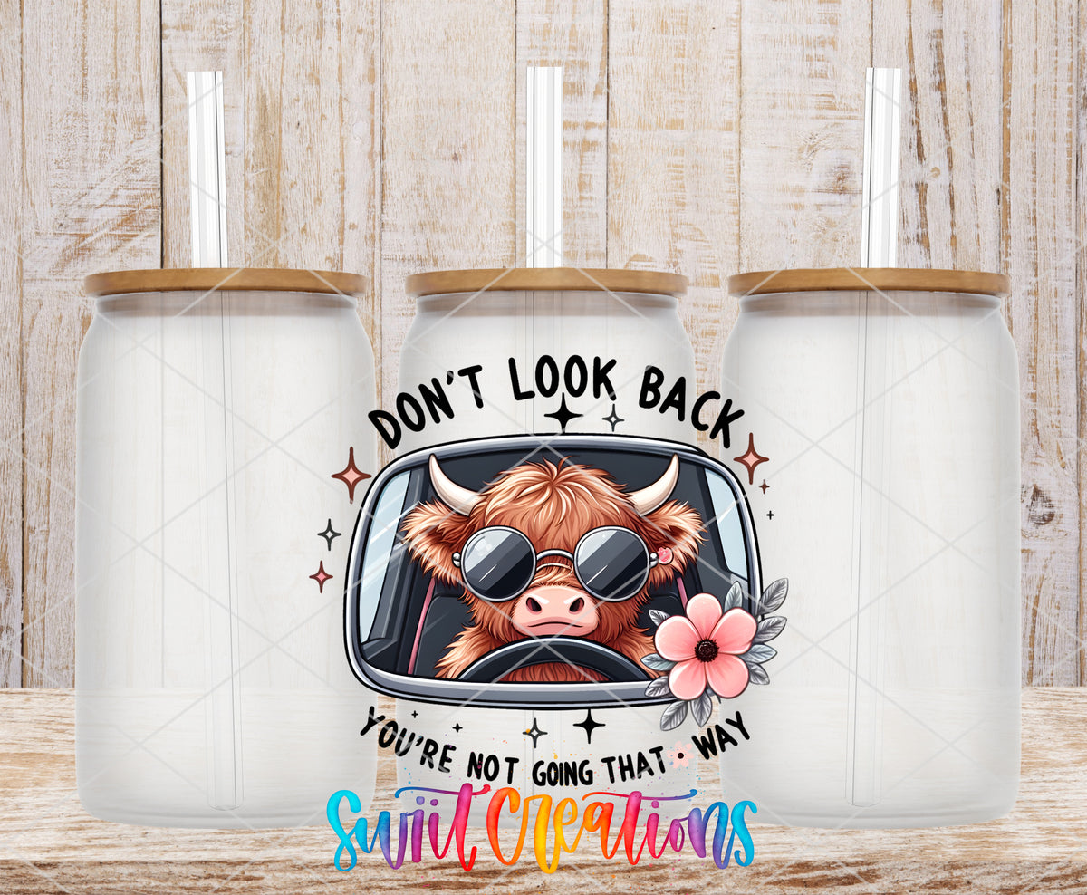 Do Not Look Back Cow frosted glass tumbler mockup with bamboo lids and straws