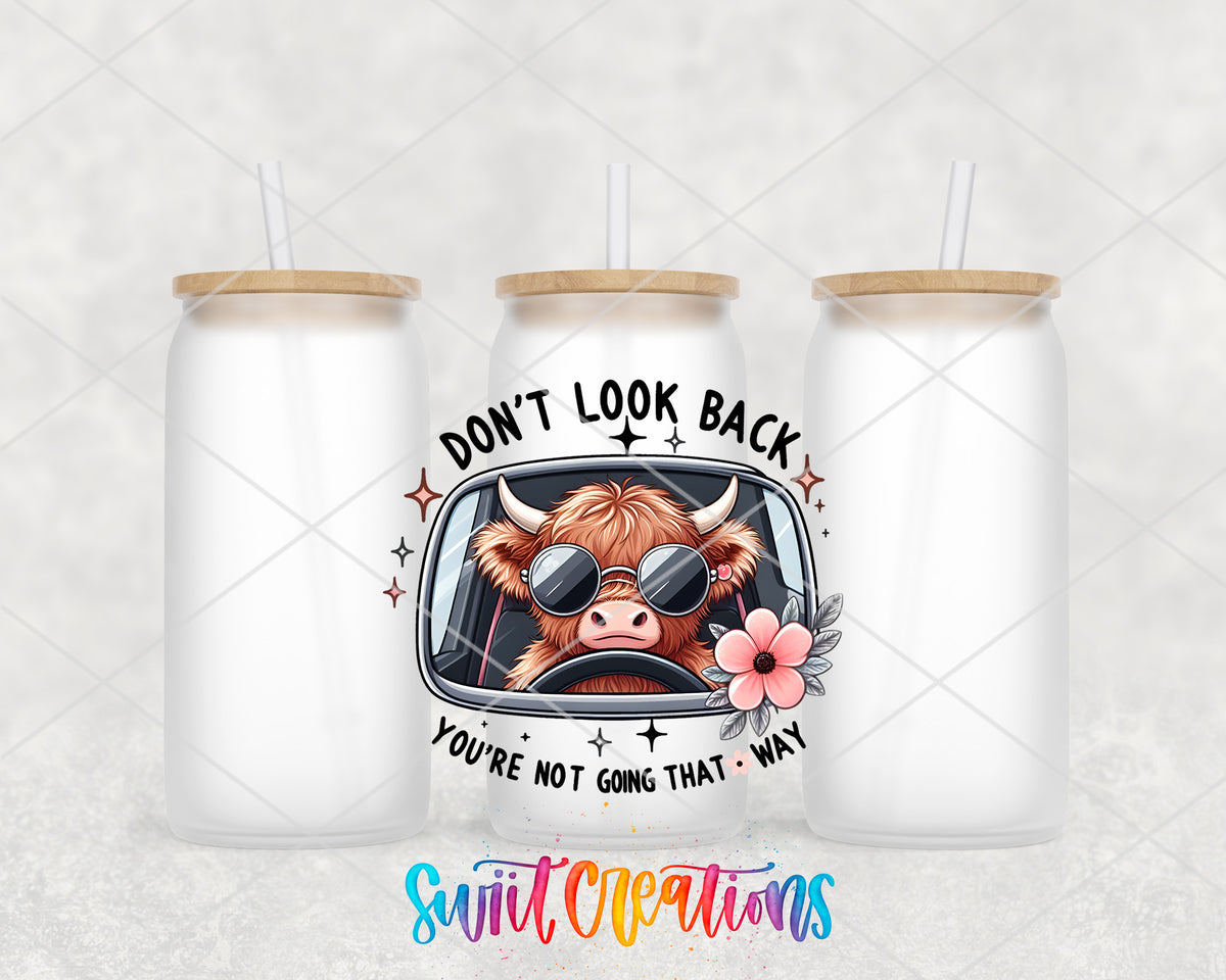 Do Not Look Back Cow frosted glass tumbler group view with lids and straws