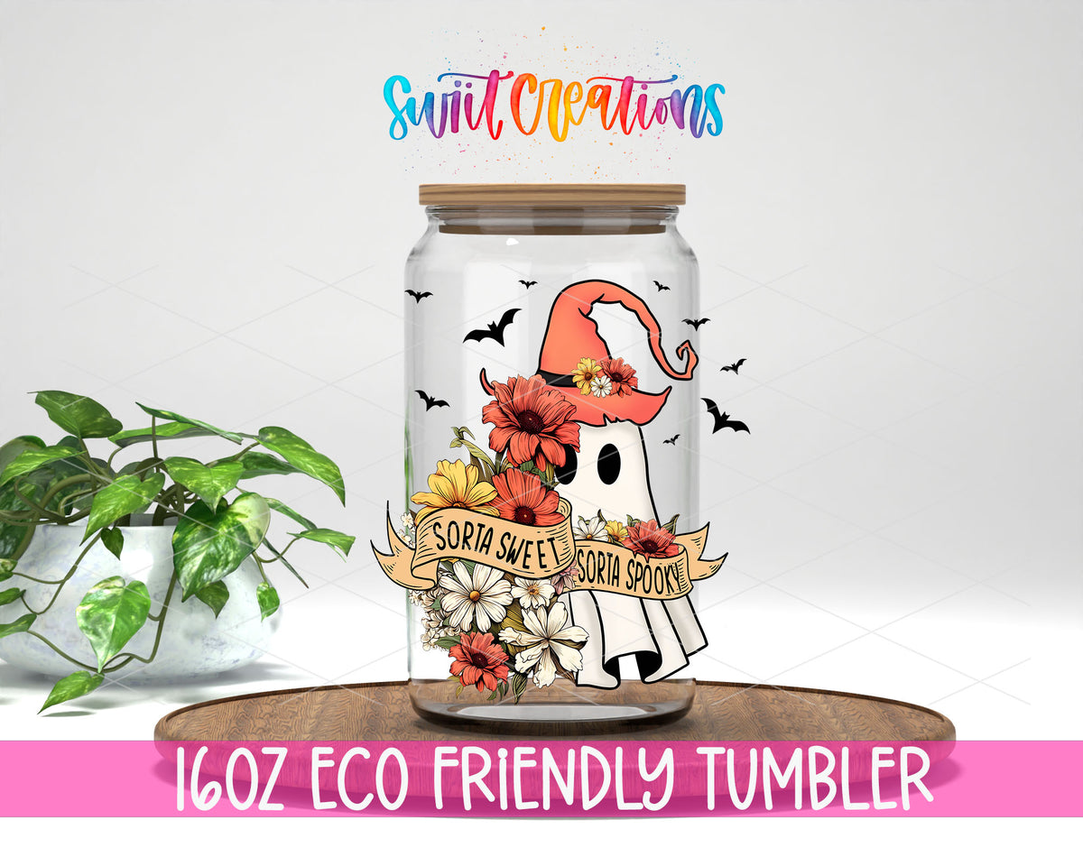 Sorta Sweet Sorta Spooky design on a 16 oz clear glass tumbler with bamboo lid