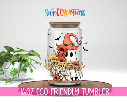 Sorta Sweet Sorta Spooky design on a 16 oz clear glass tumbler with bamboo lid