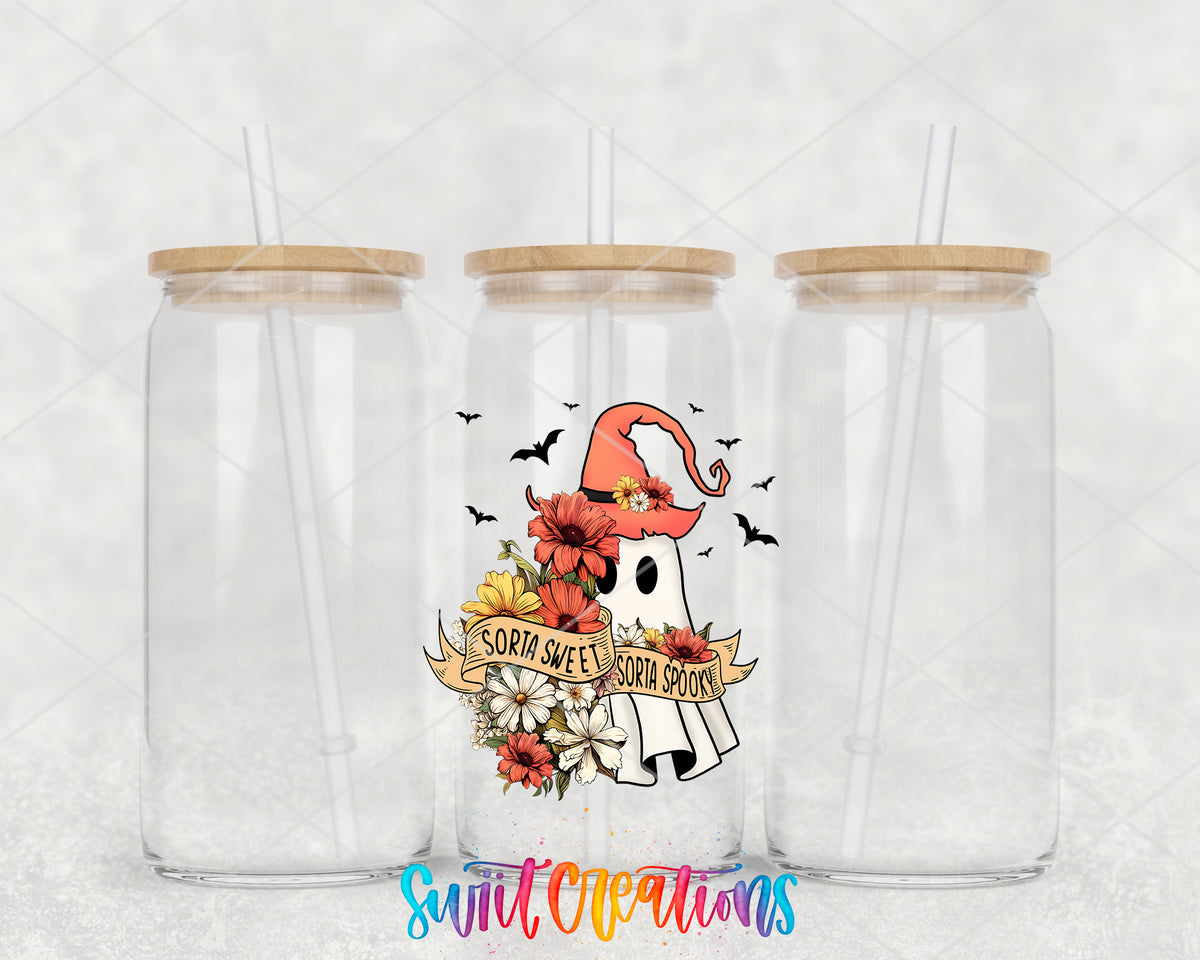 Sorta Sweet Sorta Spooky clear glass tumbler group mockup with bamboo lids and straws