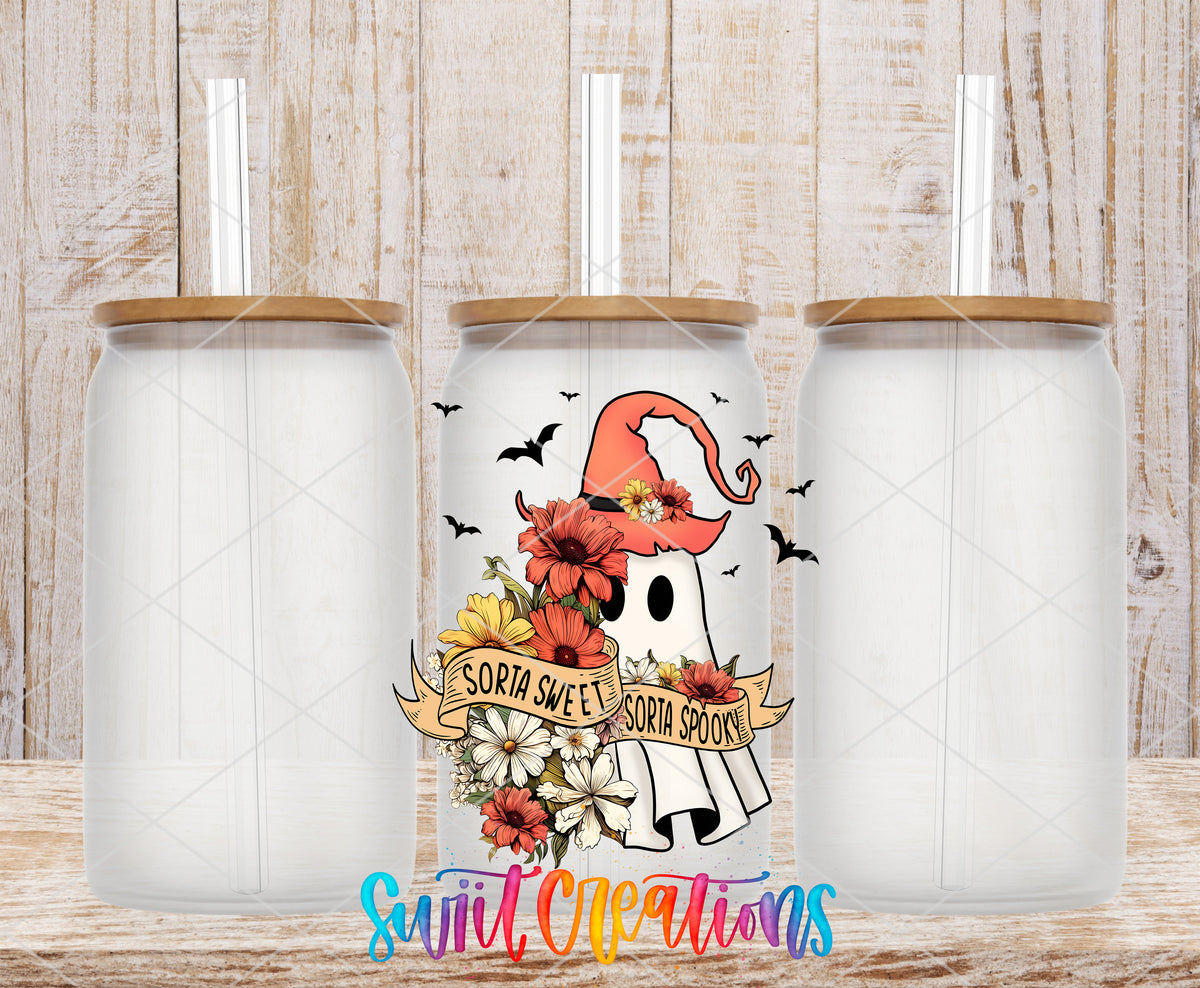 Sorta Sweet Sorta Spooky frosted glass tumbler mockup with bamboo lids and straws