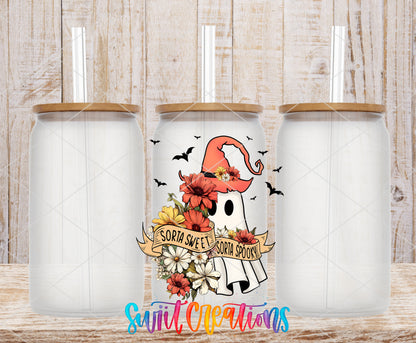 Sorta Sweet Sorta Spooky frosted glass tumbler mockup with bamboo lids and straws