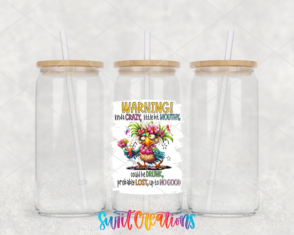 Warning Kinda Crazy clear glass tumbler group mockup with bamboo lids and straws