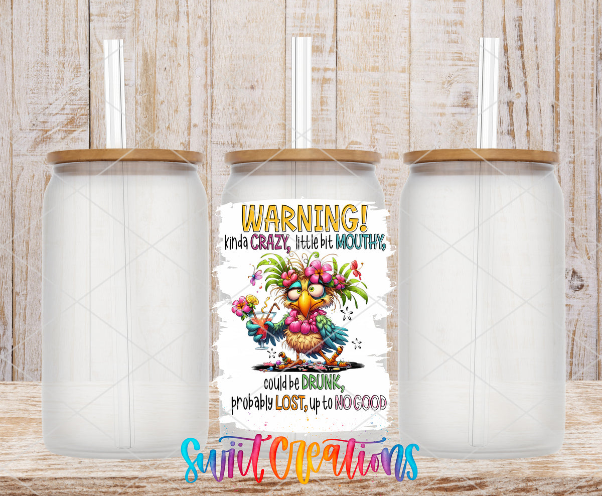 Warning Kinda Crazy frosted glass tumbler mockup with bamboo lids and straws
