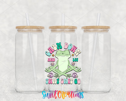 Calm Down and Let That Shit Go clear glass tumbler group mockup with bamboo lids and straws