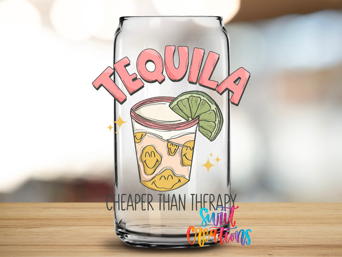 Tequila Cheaper Than Therapy design close-up on a clear glass can tumbler