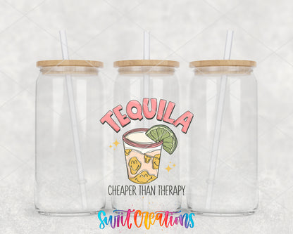 Tequila Cheaper Than Therapy clear glass tumbler group mockup with bamboo lids and straws