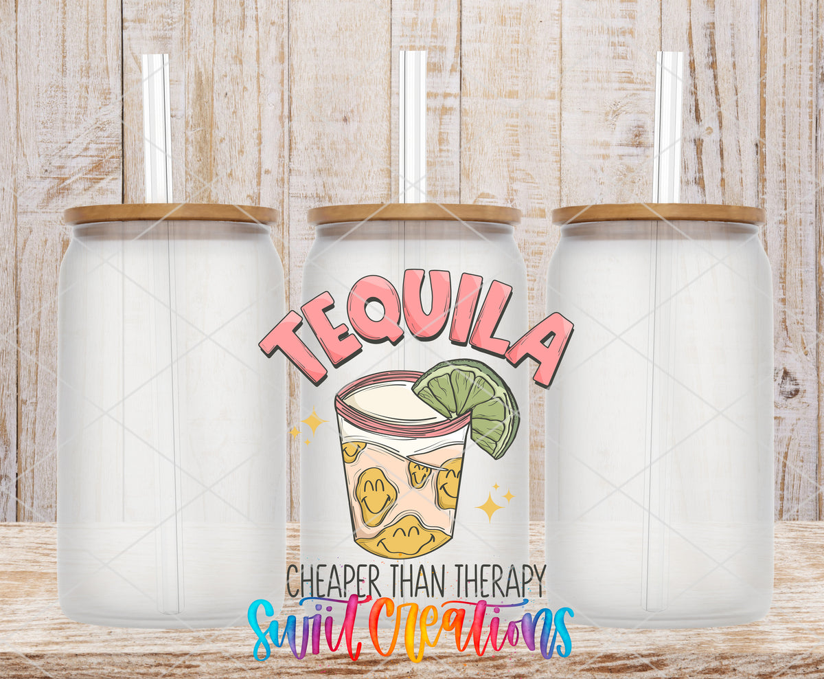 Tequila Cheaper Than Therapy frosted glass tumbler mockup with bamboo lids and straws