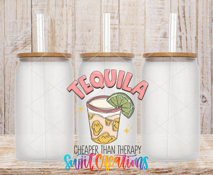Tequila Cheaper Than Therapy frosted glass tumbler mockup with bamboo lids and straws