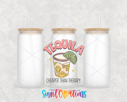 Tequila Cheaper Than Therapy frosted glass tumbler group view with lids and straws