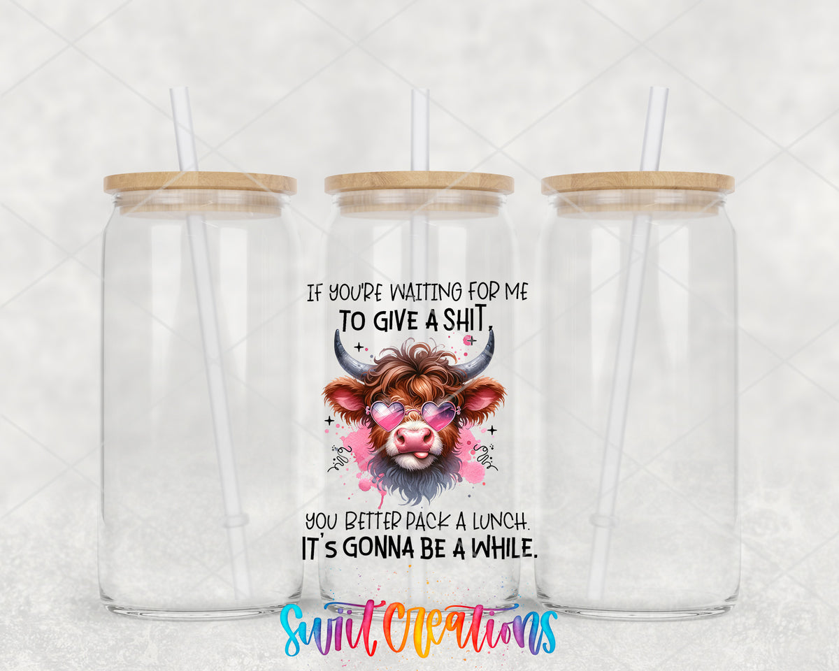 If You Are Waiting for Me Cow clear glass tumbler group mockup with bamboo lids and straws