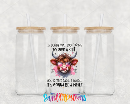 If You Are Waiting for Me Cow clear glass tumbler group mockup with bamboo lids and straws