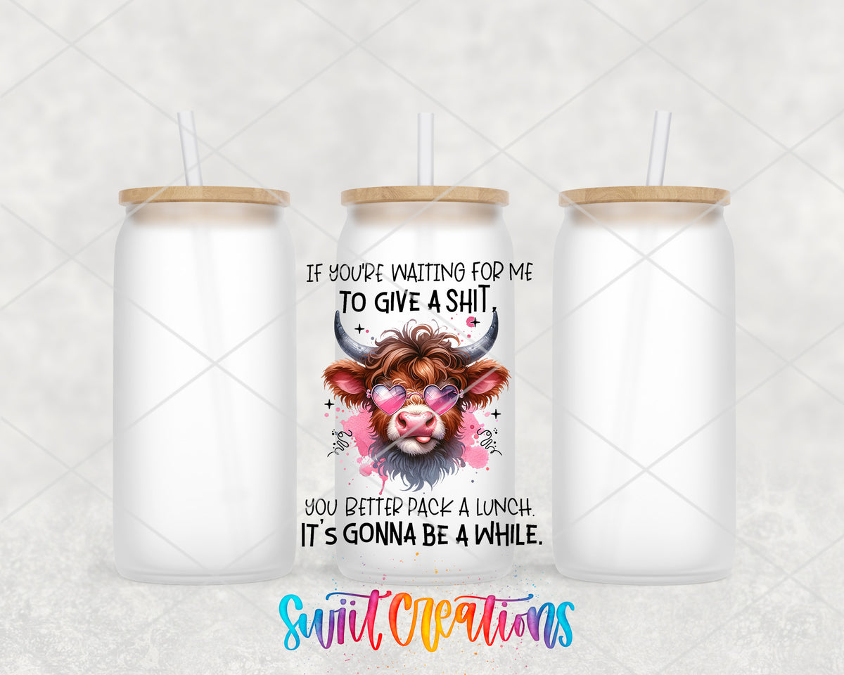 If You Are Waiting for Me Cow frosted glass tumbler group view with lids and straws