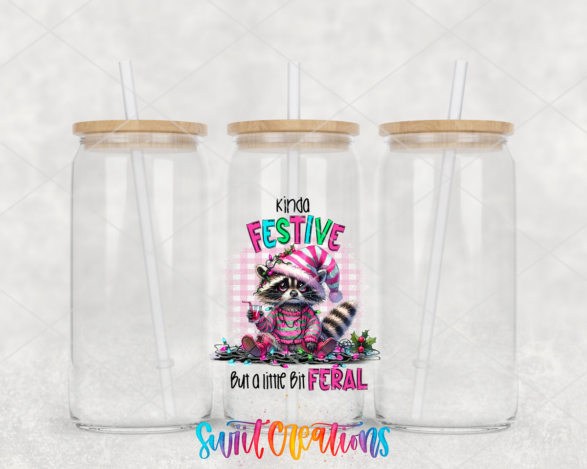 Kinda Festive Kinda Feral clear glass tumbler group mockup with bamboo lids and straws
