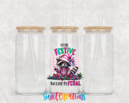 Kinda Festive Kinda Feral clear glass tumbler group mockup with bamboo lids and straws