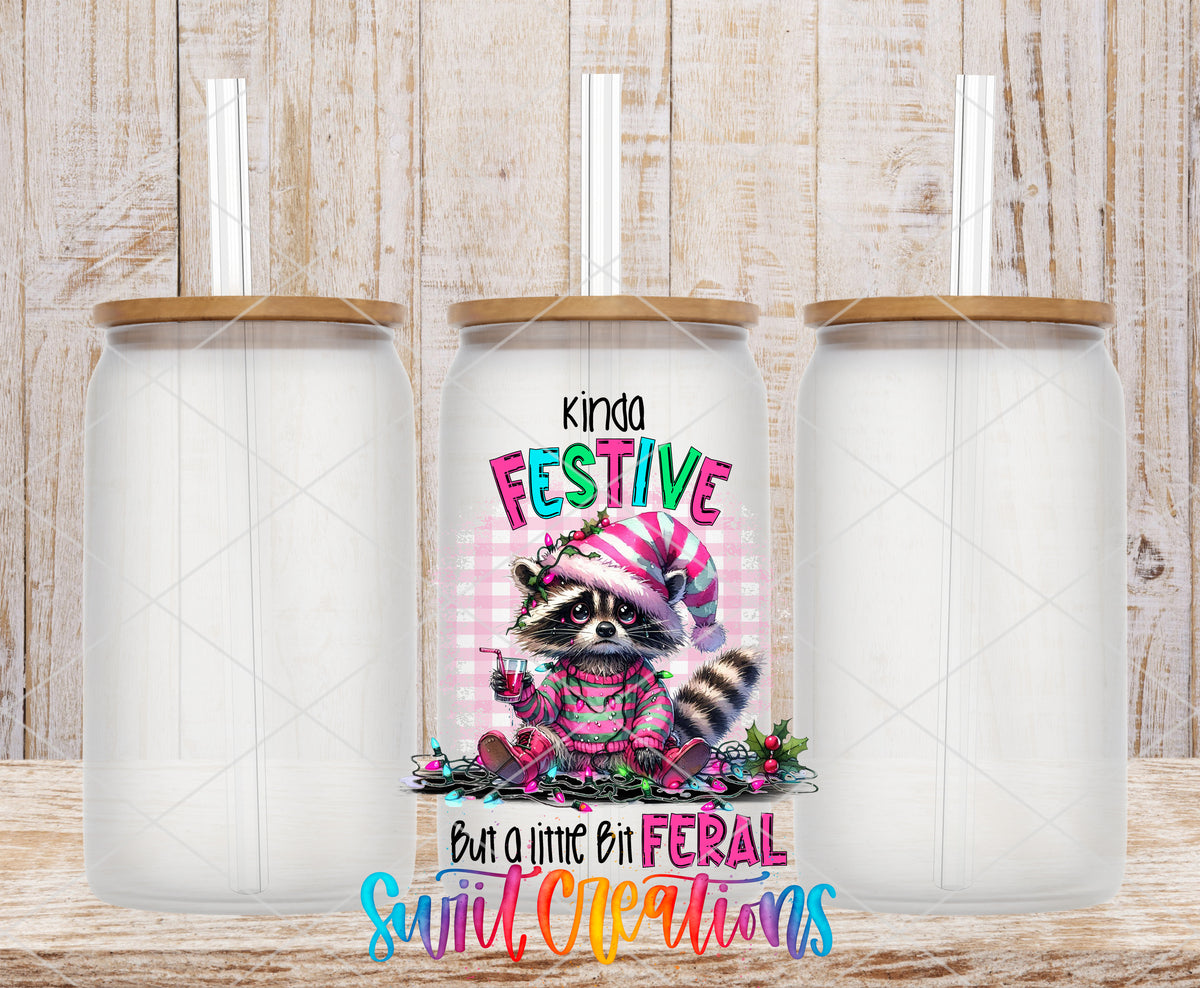 Kinda Festive Kinda Feral frosted glass tumbler mockup with bamboo lids and straws