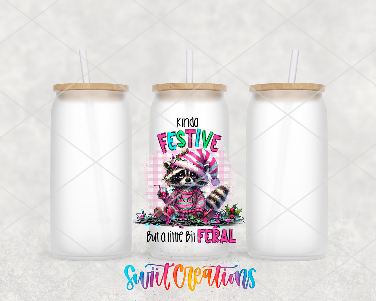 Kinda Festive Kinda Feral frosted glass tumbler group view with lids and straws