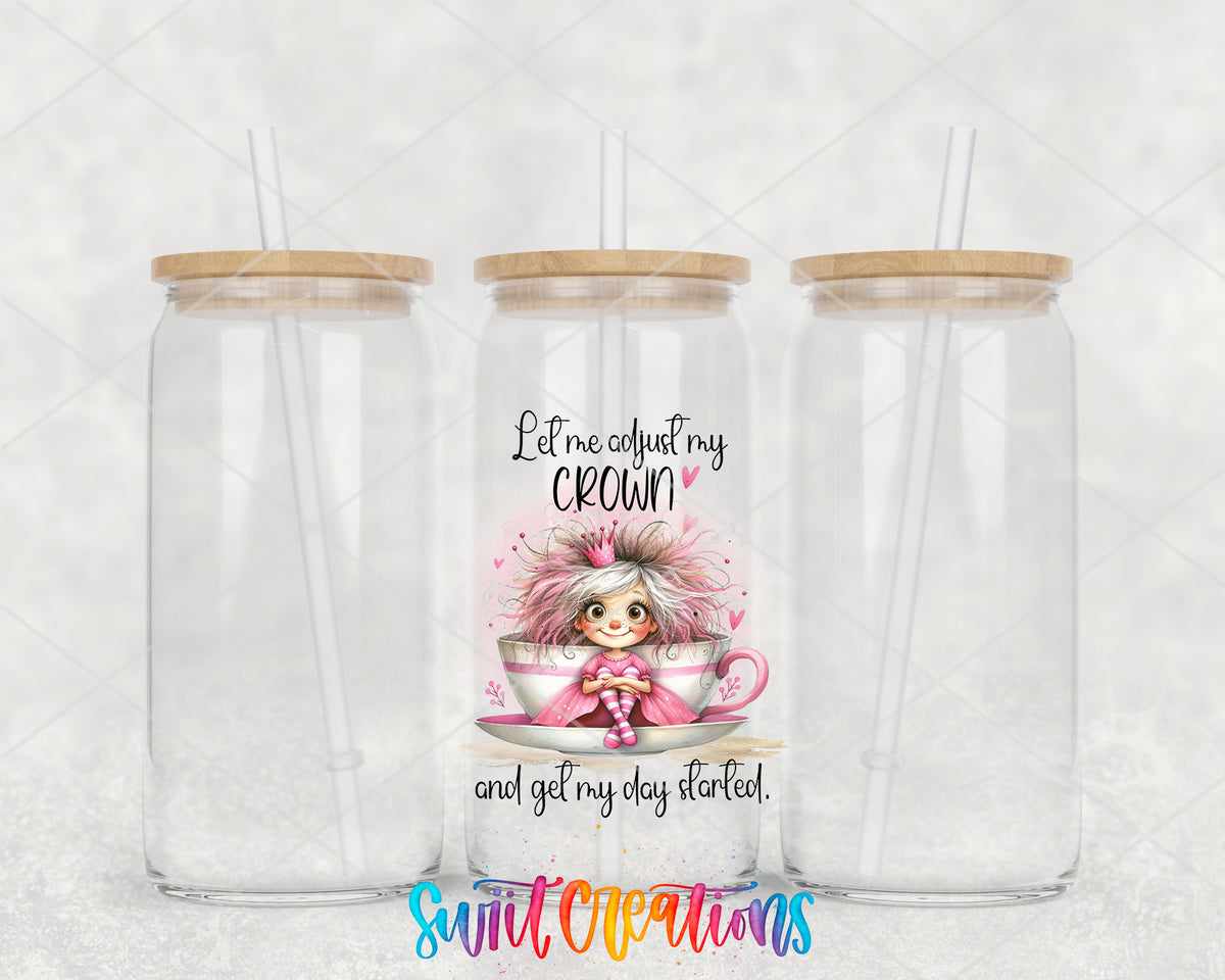 Let Me Adjust My Crown clear glass tumbler group mockup with bamboo lids and straws