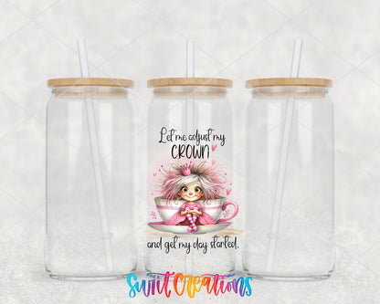 Let Me Adjust My Crown clear glass tumbler group mockup with bamboo lids and straws