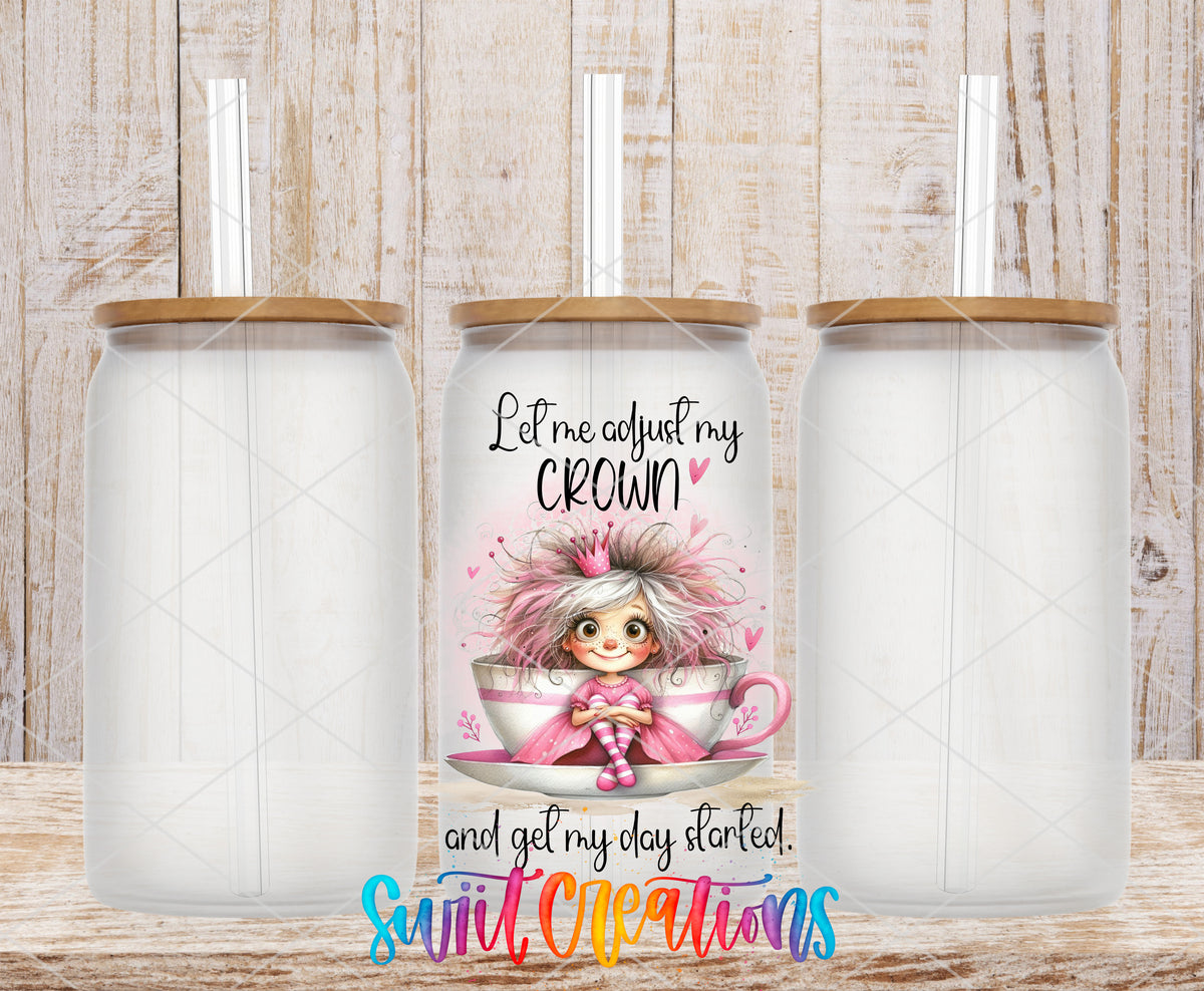 Let Me Adjust My Crown frosted glass tumbler mockup with bamboo lids and straws