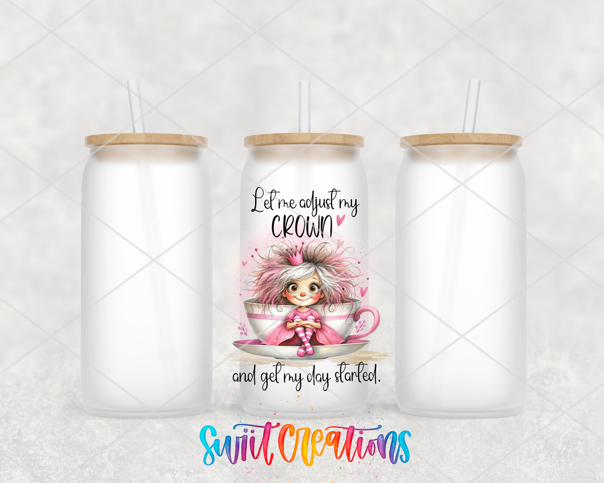 Let Me Adjust My Crown frosted glass tumbler group view with lids and straws