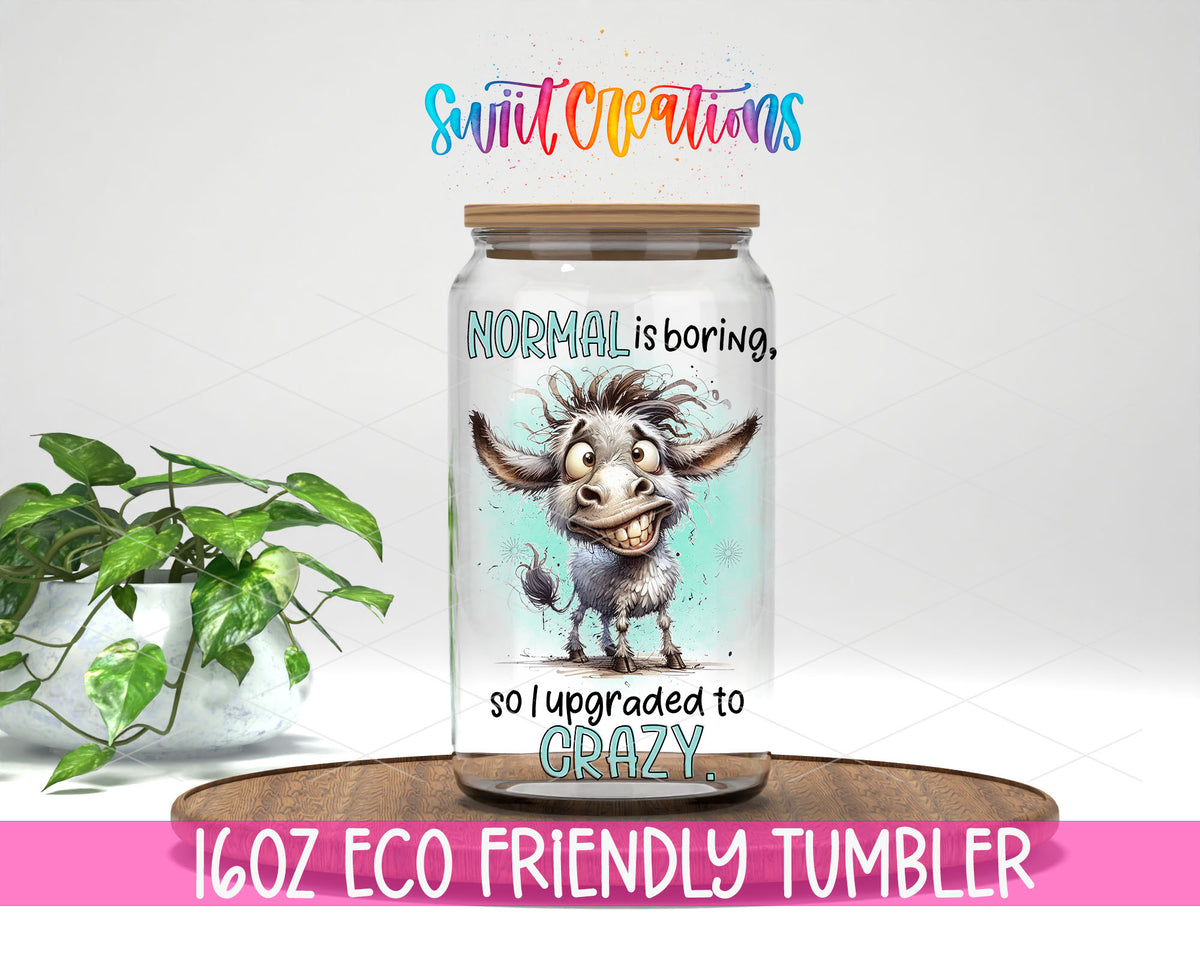 Normal Is Boring design on a 16 oz clear glass tumbler with bamboo lid