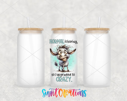 Normal Is Boring frosted glass tumbler group view with lids and straws
