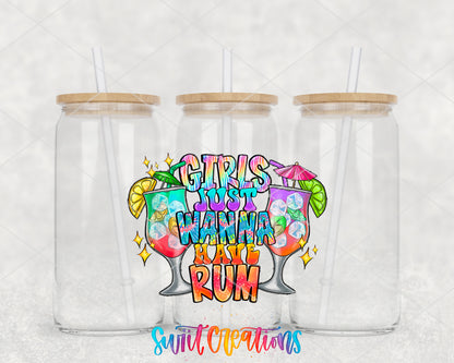 Girls Just Wanna Have Rum clear glass tumbler group mockup with bamboo lids and straws
